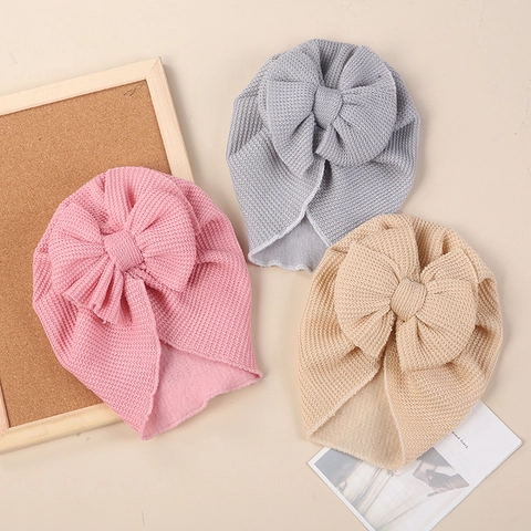 Bonnet Turban Bébé en Maille Gaufre Avec Grand Nœud Doux Chaud Enveloppement de Tête Pour Tout-Petits Style Indien Beanie Filles