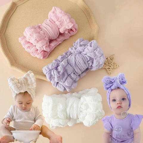 Baby Girls Large Bow Headband Elastic Seersucker Bubble Fabric Soft Hair Band For Infants Toddlers Kids Hair Accessories