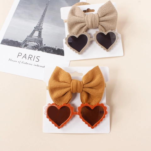 Baby Girls Bow Headband Heart Shaped Sunglasses Set Infant Waffle Knit Hair Band Toddler Sun Glasses Accessories Gift