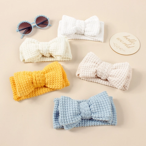 Handmade Knitted Waffle Texture Baby Headband Large Double Layer Bowknot Hairband Elastic Soft Turban For Infants Kids