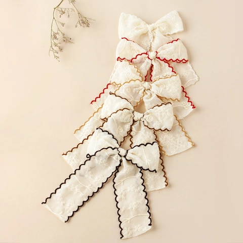 Mädchen Stickerei Spitze Bogen Haarklammer Französisch Vintage Floral Entenschnabel Clip Handgefertigt Haarschmuck Für Kinder Party