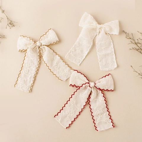 Mädchen Stickerei Spitze Bogen Haarklammer Französisch Vintage Floral Entenschnabel Clip Handgefertigt Haarschmuck Für Kinder Party