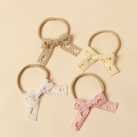 Diadema Elástica para Bebé Con Lazo de Encaje Calado de Corazón Banda de Pelo de Nailon Suave para Infantes Recién Nacidos Accesorios de Fotografía