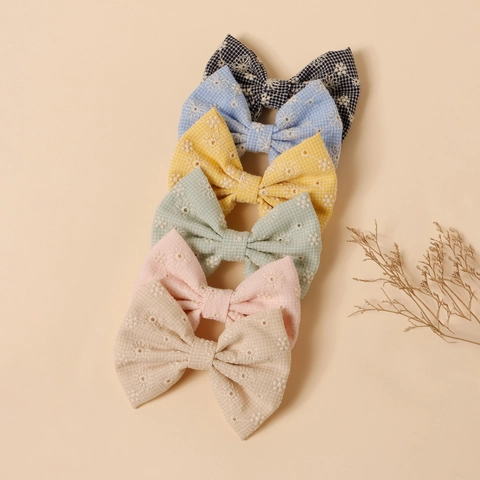 Sweet Embroidered Flower Bow Hair Clips Gingham Plaid Cotton Fabric Handmade Hairpins For Baby Girls Kids Hair Accessories