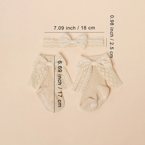 Set di Fascia e Calzini in Cotone con Fiocco in Pizzo per Neonata Calzini Antiscivolo a Coste Vintage Accessori per Capelli