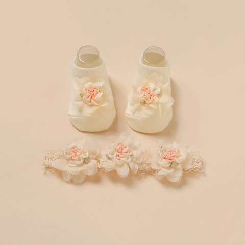 Calcetines de Algodón con Flores para Bebé Niña y Diadema de Encaje con Flores Accesorios de Cabello para Fiesta