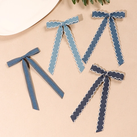 Pinza para el Cabello con Lazo de Denim Retrò y Cinta Larga para Niñas Hecha a Mano Dulce Tela de Denim Azul Accesorios para el Cabello Niños