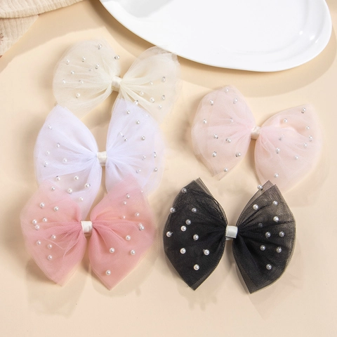 Handmade Vintage Mesh Bow Hair Clip For Girls Sweet Artificial Pearl Hairpin Soft Wrapped Duckbill Clip Kids Hair Accessories