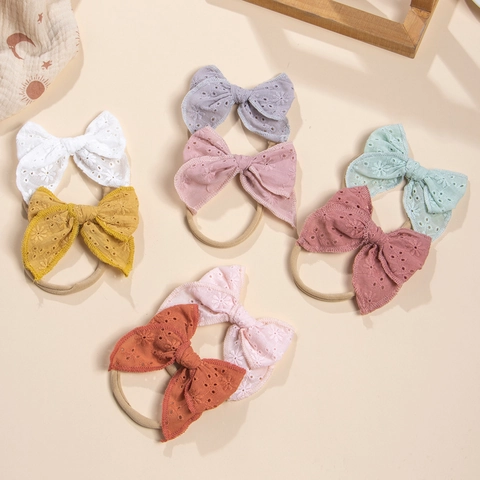 Vintage Baby Headbands Embroidered Cotton Bow Elastic Soft Nylon Hair Bands For Infant Toddler Kids Hair Accessories