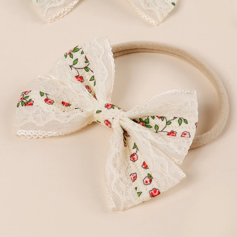 Vintage Floral Lace Bow Baby Headband Soft Nylon Elastic Hair Band For Infant Toddler Girl Pastoral Style Hair Accessory