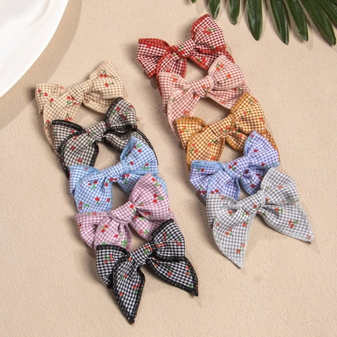 Retro Kids Gingham Bow Hair Clip Cherry Print Fabric Bowknot Hair Barrettes Sweet Pastoral Gingham Hair Accessories For Girls Toddlers