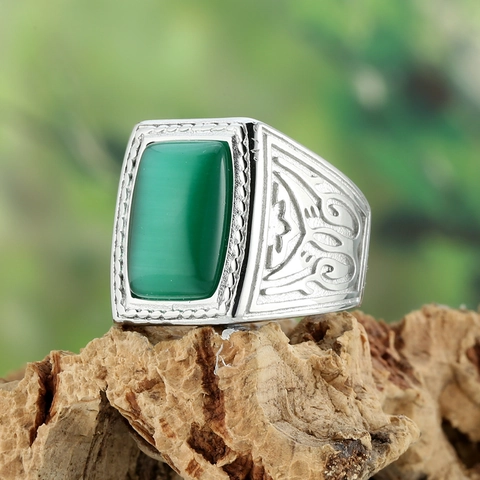 Vintage Stainless Steel Men's Ring Rectangular Rhinestone Inlaid Embossed Pattern Fashion Jewelry Gold Silver Color