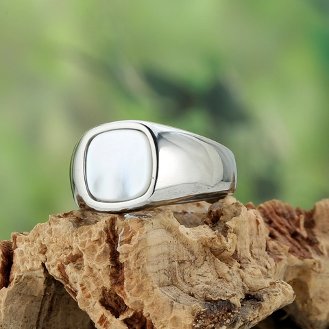 Vintage Roestvrijstalen Zegelring Voor Heren Dames Vierkante Zwarte Agaat Blauwe Steen Witte Schelp Inleg Minimalistische Sieraden