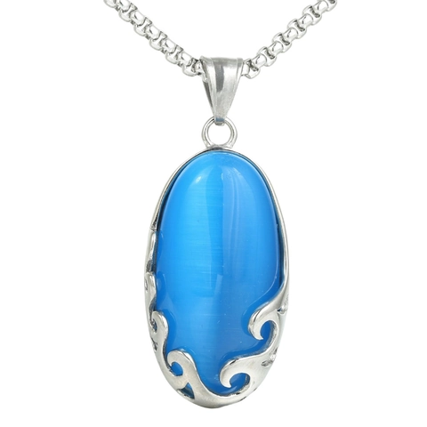 Pendentif en Acier Inoxydable Ovale Pierre Œil de Chat Artificielle Sans Chaîne Motif Creux Bijoux de Mode Femme
