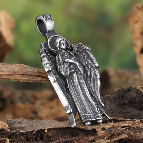 Retro Stainless Steel Angel Wing Pendant For Men Women Gothic Praying Goddess Sculpture Pendant Only Without Chain Vintage Religious Jewelry Gift