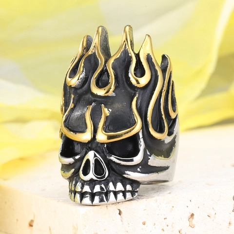 Vintage Punk Gothic Skull Flame Ring For Men Stainless Steel Biker Rock Heavy Metal Cool Jewelry Accessory