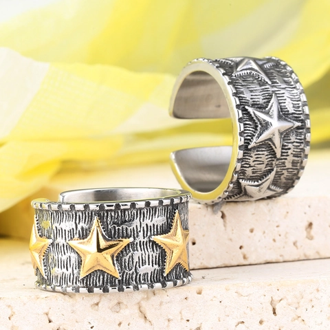 Vintage Edelstahl Stern Ring Für Herren Damen Breites Band Offen Verstellbar Distressed Punk Gothic Biker Schmuck Silber Gold