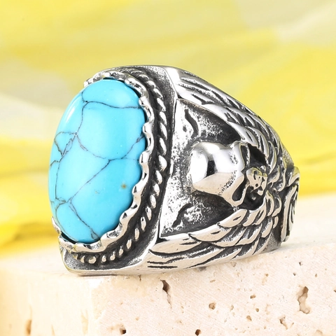 Vintage Stainless Steel Skull Ring For Men Gothic Punk Eagle Wing Signet Ring With Oval Turquoise Tiger Eye Stone Retro Jewelry