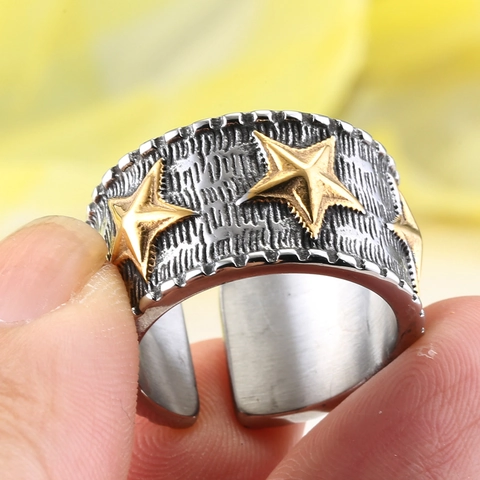 Vintage Edelstahl Stern Ring Für Herren Damen Breites Band Offen Verstellbar Distressed Punk Gothic Biker Schmuck Silber Gold