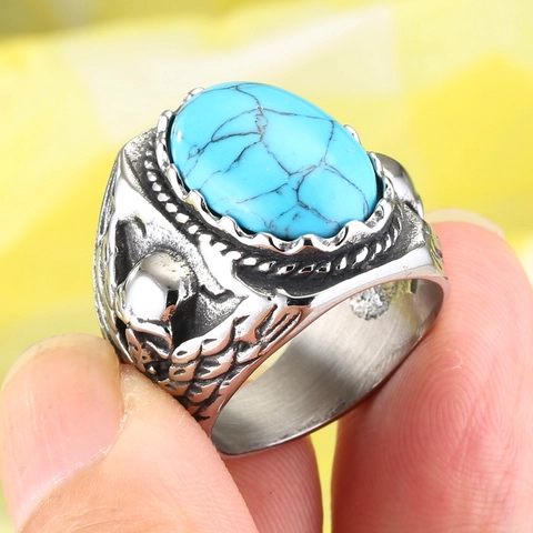 Vintage Stainless Steel Skull Ring For Men Gothic Punk Eagle Wing Signet Ring With Oval Turquoise Tiger Eye Stone Retro Jewelry