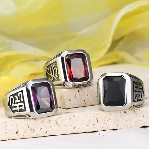 Vintage Stainless Steel Rhinestone Signet Ring For Men Geometric Square Polished Punk Hip Hop Decorative Finger Ring Jewelry Gift
