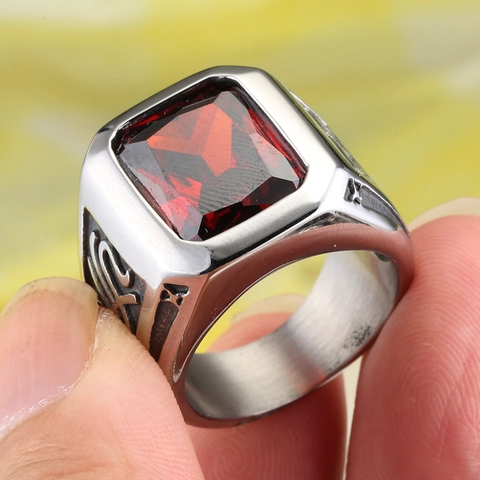 Vintage Stainless Steel Rhinestone Signet Ring For Men Geometric Square Polished Punk Hip Hop Decorative Finger Ring Jewelry Gift