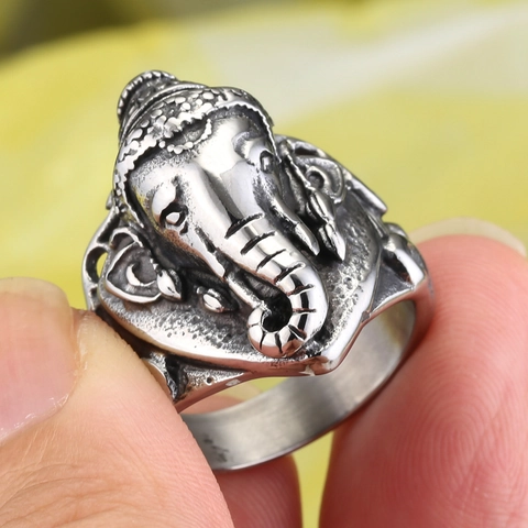 Vintage Ganesha Stainless Steel Ring For Men Retro Antique Silver Elephant Head Relievo Religious Punk Biker Fashion Finger Ring