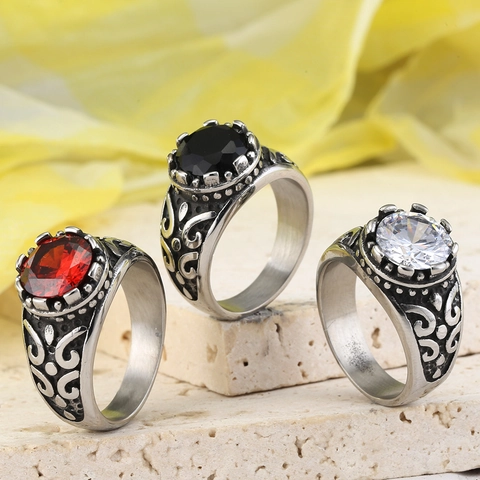 Vintage Edelstahl Großer Edelstein Ring Für Herren Gothic Punk Rankenwerk Rund Strass Silber Retro Fingerring Schmuck