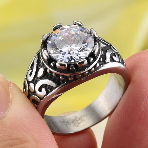 Vintage Edelstahl Großer Edelstein Ring Für Herren Gothic Punk Rankenwerk Rund Strass Silber Retro Fingerring Schmuck