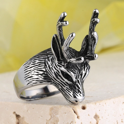 Retro Punk Deer Head Stainless Steel Ring For Men Gothic Animal Antler Biker Ring Rock Distressed Metal Finger Jewelry Gift