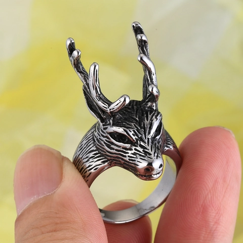 Retro Punk Deer Head Stainless Steel Ring For Men Gothic Animal Antler Biker Ring Rock Distressed Metal Finger Jewelry Gift