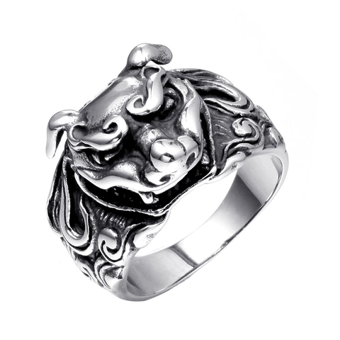 Anello in Acciaio Inossidabile Vintage Testa di Toro Corno di Bue per Uomo Donna Punk Gotico Ossidato Distressed Animale Gioielli Biker