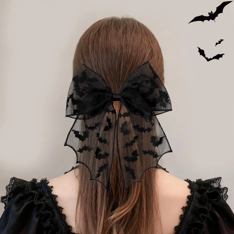 Halloween Large Bow Hair Clip Mesh Lace Bat Spider Web Gothic Hair Accessories For Girls Kids Costume Party Decoration