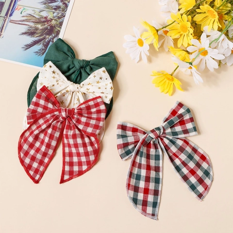 Christmas Cotton Bow Hair Clips For Kids Girls Handmade Plaid Star Pattern Large Bowknot Hairpins Festival Hair Accessories
