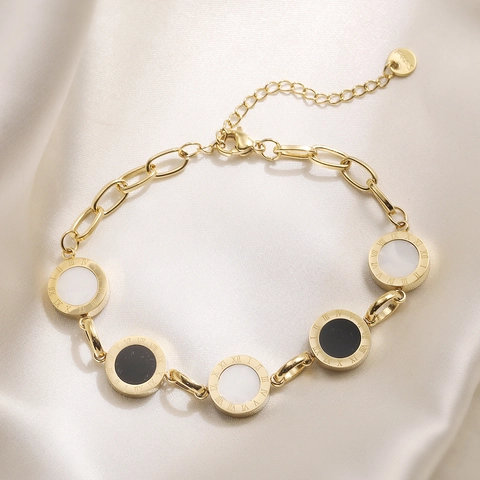Pulsera de Acero Inoxidable Vintage Mujer Números Romanos Inlay de Concha Colgante Disco Cadena Ajustable Joyería de Moda