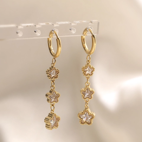 Roestvrij Stalen Drievoudige Ster Hangende Oorbellen Voor Dames 18K Verguld Zirkoon Kwast Ster Oorbellen Elegante Sieraden