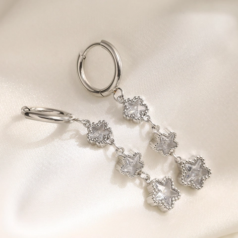Roestvrij Stalen Drievoudige Ster Hangende Oorbellen Voor Dames 18K Verguld Zirkoon Kwast Ster Oorbellen Elegante Sieraden