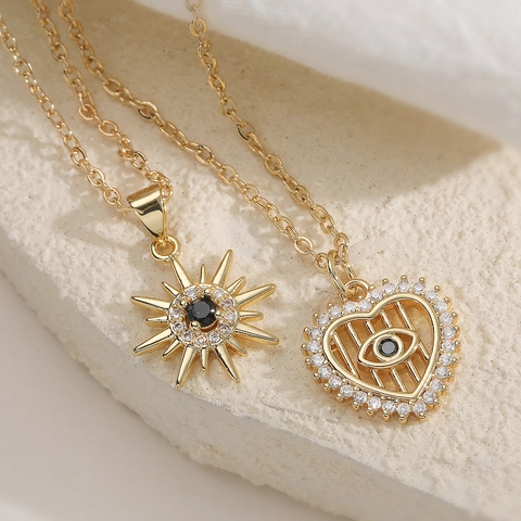 18K Gold Plated Copper Zirconia Pendant Necklace For Women Heart Evil Eye Sunburst Star Fashion Jewelry Necklaces