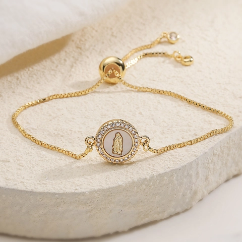 Donna Bracciale in Rame Placcato Oro 18K Zirconia Catena a Scatola Bolo Regolabile Elegante Cuore Croce Vergine Maria Gioielli Religiosi