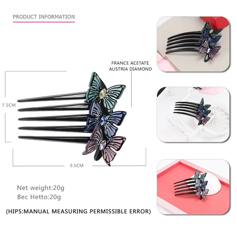 Handmade Elegant Acetate Butterfly Hair Comb With Rhinestone Three Layer Butterfly Hair Fork For Women Party Accessory