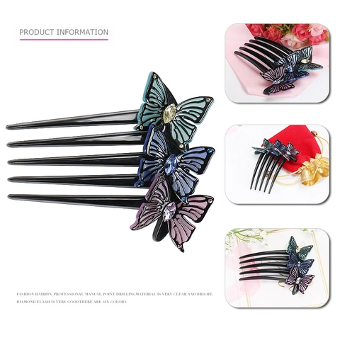 Handmade Elegant Acetate Butterfly Hair Comb With Rhinestone Three Layer Butterfly Hair Fork For Women Party Accessory