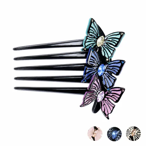 Handmade Elegant Acetate Butterfly Hair Comb With Rhinestone Three Layer Butterfly Hair Fork For Women Party Accessory