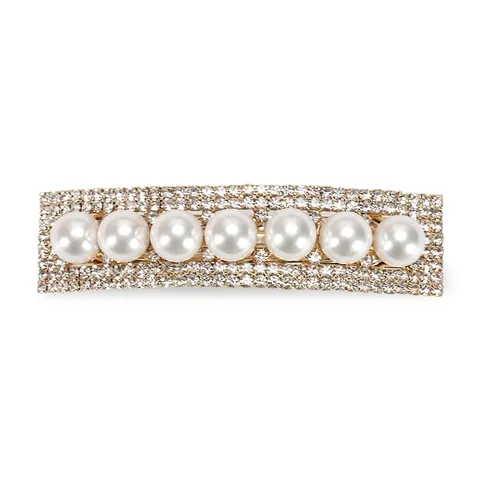 Elegante Fermaglio per Capelli a Molla in Lega Con Decorazione di Perle Artificiali e Strass Oro Rettangolare per Donna