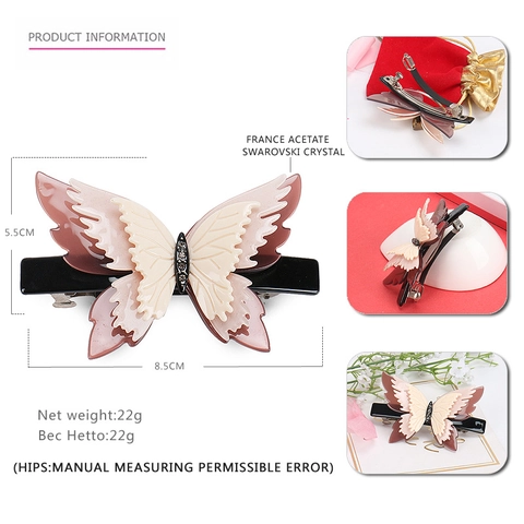 Handgefertigte Französische Acetat Schmetterling Haarklammer Elegante Strass Geschichtete Federklammer Retro Damen Haarschmuck
