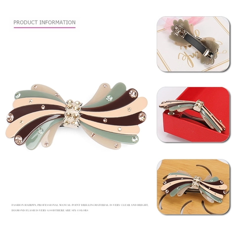 Fermaglio per Capelli Vintage in Acetato a Righe Con Fiocco E Strass Elegante Molletta a Molla Fatta a Mano Donna Gioielli
