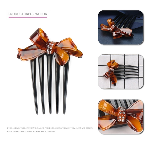 Korean Style Acetate Bowknot Hair Comb With Rhinestones Retro Tortoiseshell Pattern Five Tooth Hair Fork Elegant Hair Accessory For Women