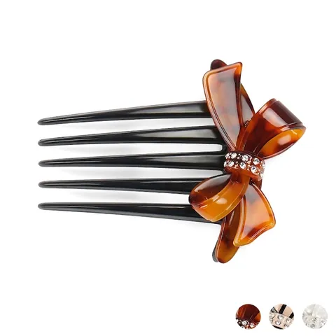 Korean Style Acetate Bowknot Hair Comb With Rhinestones Retro Tortoiseshell Pattern Five Tooth Hair Fork Elegant Hair Accessory For Women