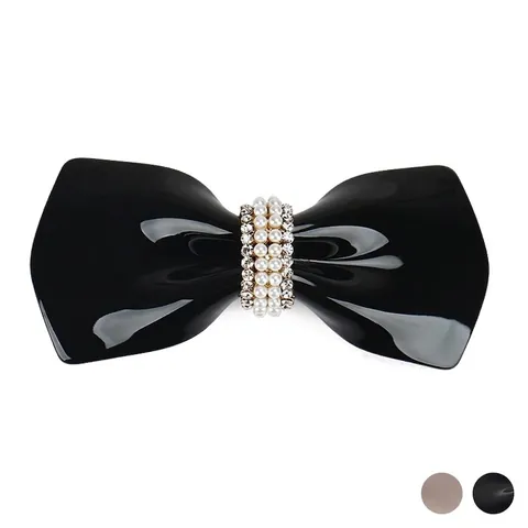 Fermaglio per Capelli in Acetato con Fiocco Künstliche Perle e Strass Retrò Elegante Nero Grigio Accessori per Capelli Donna