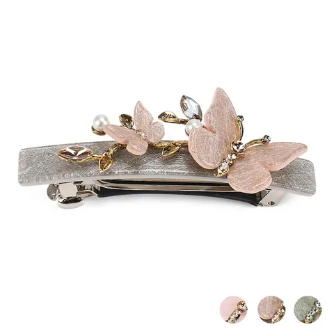 Elegante Pinza para el Pelo de Resorte de Acetato con Lazo de Mariposa y Brillantes Diamantes de Imitación Perla Artificial