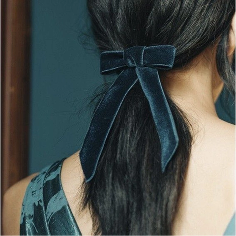 Women Vintage Velvet Bow Hair Clip Long Ribbon Tassel Spring Clip Elegant Hair Accessories Solid Color Handmade Hairpins